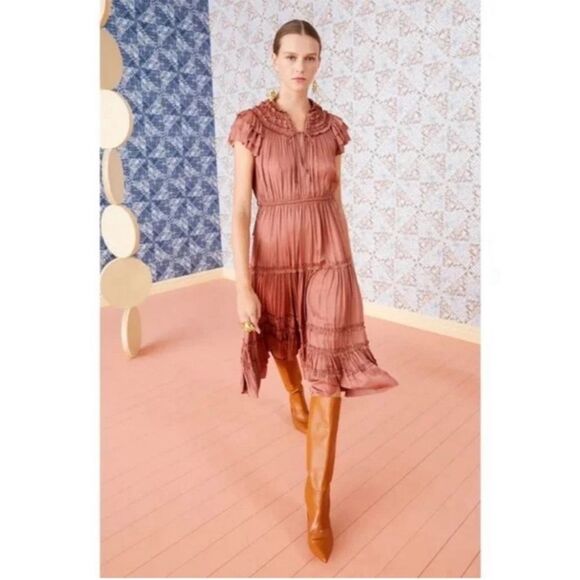 Ulla Johnson Dresses & Skirts - Ulla Johnson Dusty Mauve Blaire Satin Ruffle Midi Dress, Size 8
